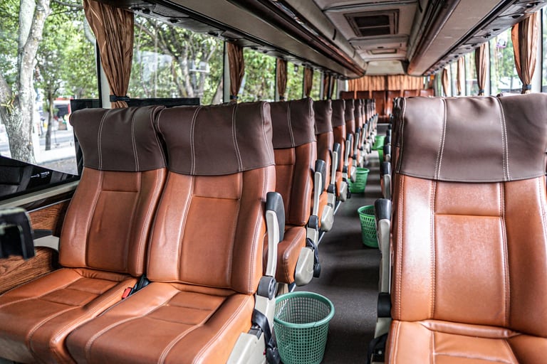 Rows of brown leather seats in luxury bus interior
