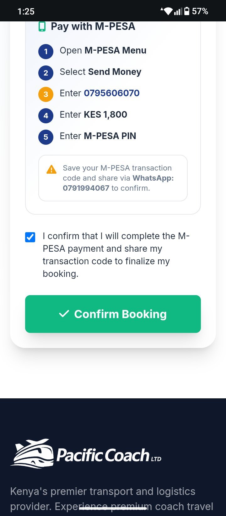 M-PESA payment instructions showing 5 steps to send money via mobile phone, with confirmation checkbox and green Confirm Booking button